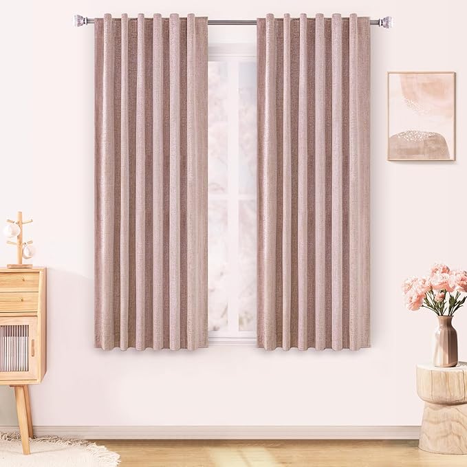 Blush Pink 100% Blackout Linen Curtains 63 inches Long Back Tab Rod Pocket 2 Panels Set Linen Curtain Thermal Insulated Textured Short Blackout Curtains for Nursery Room Darkening 52x63