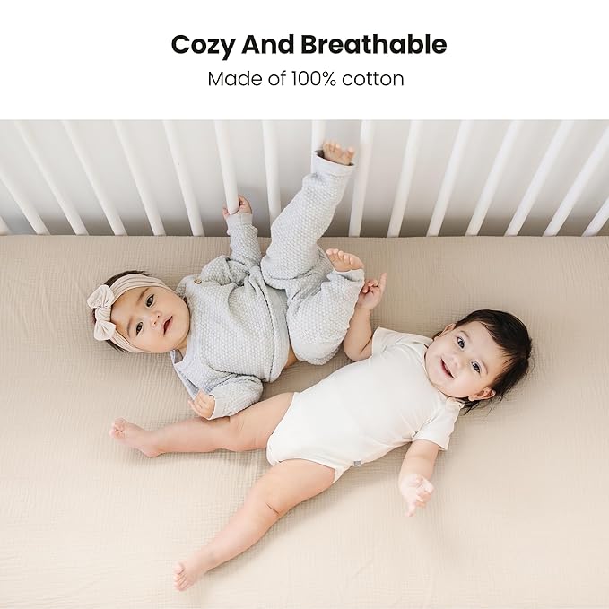 Konssy Muslin Crib Sheets for Girl Boy, 2 PCS Soft and Breathable Cotton Baby Sheets for Standard Crib Mattress, 52"x 28" (Pink, Cream)