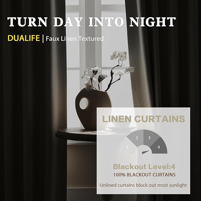 DUALIFE Cream Beige 120 Inch Long Curtains - Extra Long Blackout Linen Drapes for Large Windows Thermal Insulated Room Darkening Curtains for Bedroom/Living Room (W50 x L120 Inch, 2 Panels)