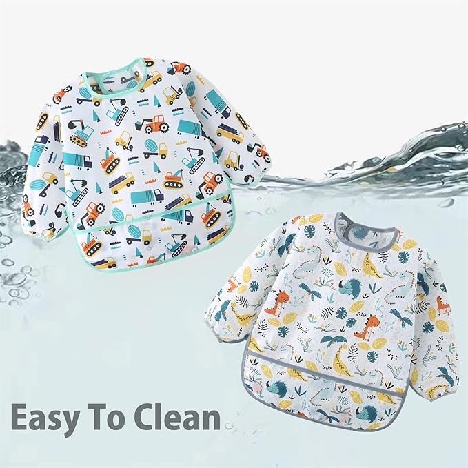 ElecMotive 5 Pack Long Sleeve Bib,Baby Toddler Waterproof Sleeved Bib for 6-30 Months Reusable with Catch-all Pocket