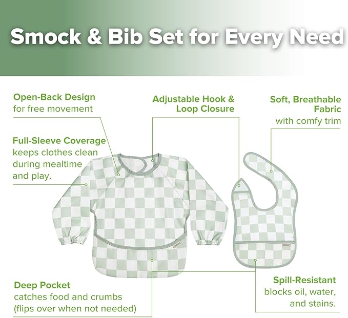 haakaa Long Sleeve Baby Bib, Waterproof & Adjustable Baby Smock Bib for Eating, Painting & Play, Easy Wipe Clean, 6–24M