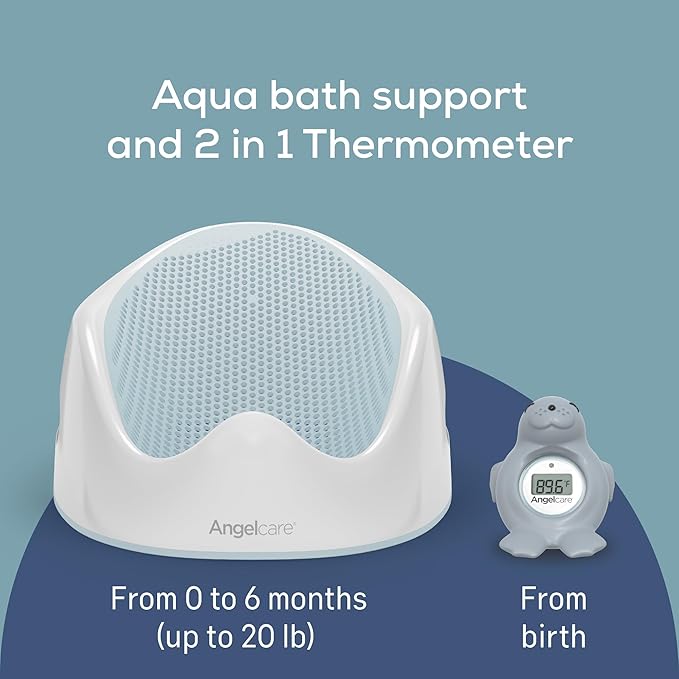 Angelcare Baby Aqua Soft Touch Bath Support & Thermometer Bundle | Newborn Baby Bathtub 0-6 Months | Baby Registry Must-Have | Newborn Essentials for Safe & Comfortable Bath Time