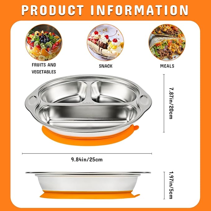 Mrs. Chou Stainless Steel Baby Suction Plates: Divided Plates for Babies & Toddlers, BPA-Free, Dishwasher Safe, Orange