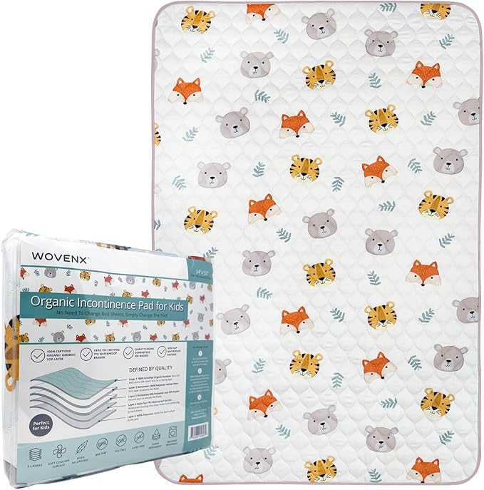 WOVENX Organic Incontinence Pads for Kids & Toddlers - 5 Layer Waterproof Protectors for Overnight Bed Wetting - Reusable & Washable Pee Pads - Fits Twin to Full Size Beds - 34" x 52" Tiger Bear Fox