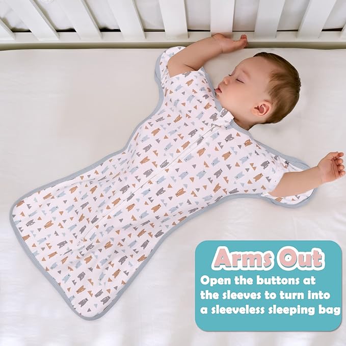 2 Pack Transition Swaddle with 2 Way Zipper, 2 in 1 Arms in/Out Transitional Arms Up Swaddle, 100% Cotton Newborn Swaddles Zipper Swaddles Baby Swaddling Sack Sleep Sack 3-6 Months, Dinosaur & Bear