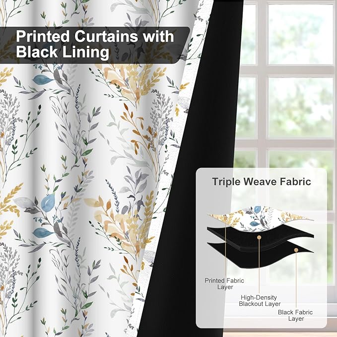 Floral Black Out Curtains 63 Inch Long, Patterned Blackout Curtains for Bedroom and Living Room, Farmhouse Privacy Soundproof Room Darkening Drapes 2 Panels Set, Thermal Curtains for Winter Insulated