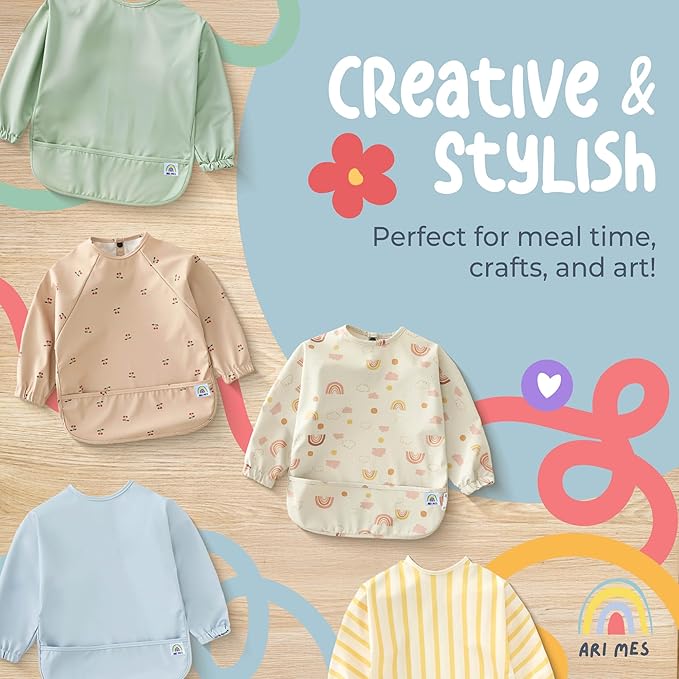 ARI MES Long Sleeves Waterproof Baby Bibs for Eating - Blue, Large- Wearable, Coverall for Toddler, Long Sleeve Bib, Smock Apron for Feeding - Applicable for 6-72 Months