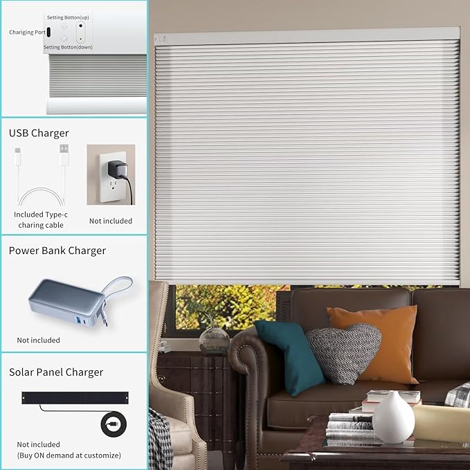 MYshade Motorized Cellular Shades - Smart Blinds Compatible with Alexa/Google Home/SmartThings,Light Filtering Rechargeable Cordless Honeycomb Blinds, Custom-Size Auto Shades for Windows (Grey)