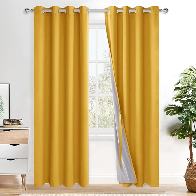 XWZO 100% Blackout Curtain Panels - Extra Long Thermal Insulated Black Liner Curtains, Noise Reducing and Heat Blocking Drapes for Bedroom with Tiebacks, Yellow, W52 x L108, Set of 2