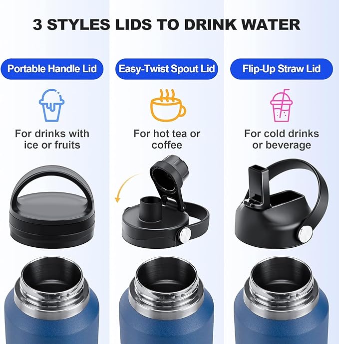 HYDROWION 40 oz Insulated Water Bottle with Straw fit in Car Cup Holder(Cold 48 hrs, Hot 24 hrs) Drinking Bottle with Straw Lid, Spout Lid and Flex Cap Leakproof Travel Thermo Mug，Red