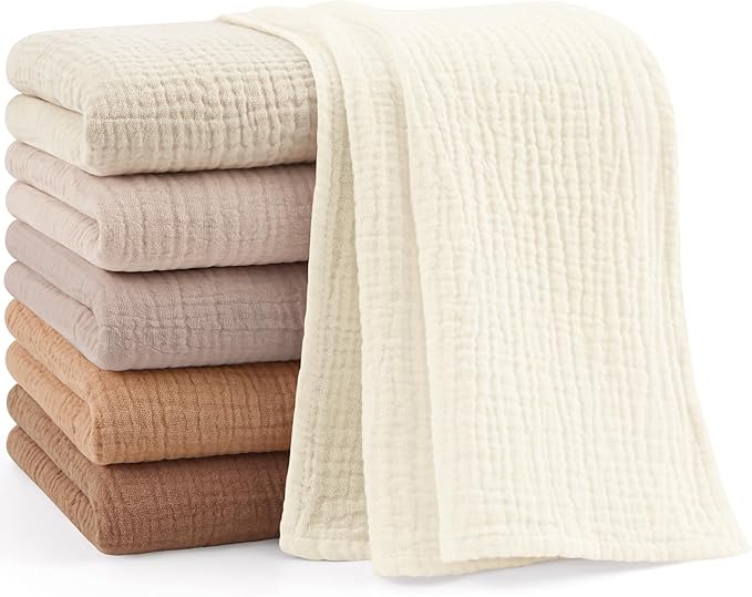 Bearmoss 100% Cotton Muslin Burp Cloths, 6 Pack Absorbent Large Baby Burping Cloths for Boy, Girl, 23.6" X 23.6" Newborn Essentials (Brown)