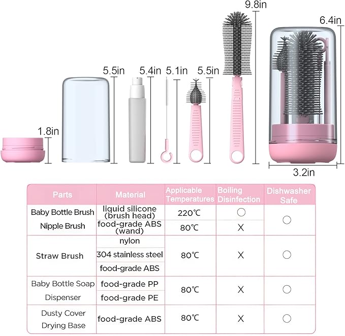 WHNL Travel Baby Bottle Brush Set with Extendable Silicone Bottle Brush，Nipple Brush,Staw Brush,Baby Bottle Soap Dispenser,Gift for Newborn Mothers, Suitable for Travel and Home(Peach Pink)