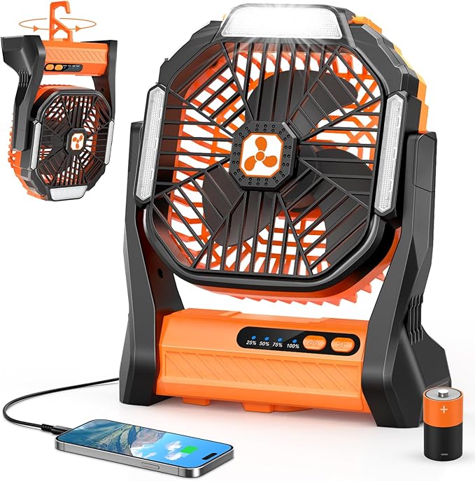 Portable Rechargeable Fan, 20000mAh Cordless Battery Powered Camping Fans with SOS & LED Lantern, Small USB C Operated Outdoor Tent Ventilador for Travel Camp Fishing Picnic Home Worksite Supplies