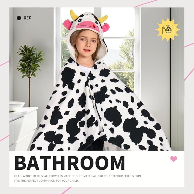 OLAOLA Cow Hooded Towel for Kids 3-12 Years, 28" x 53" Soft Thick Absorbent Beach Towels, Toddler Bath Towel Wrap Swim Pool Towels Poncho for Boys Girls