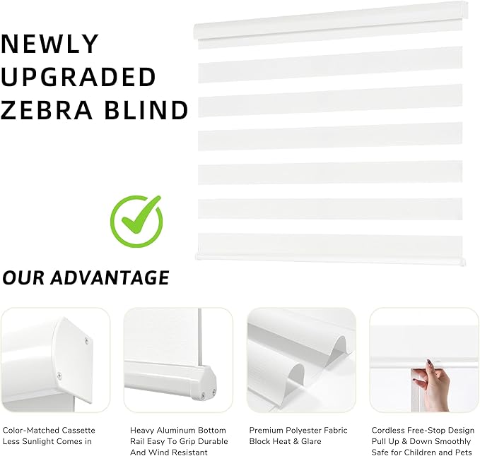 ChrisDowa Cordless Zebra Blinds for Windows, Dual Layer Free-Stop Light Filtering Window Roller Shades, Pull Down Privacy Zebra Shades for Home, Office, Bedroom, Door (46" W x 72" H, White)