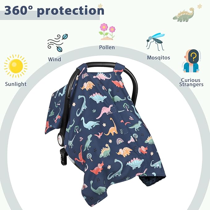 Car Seat Cover Baby, Peekaboo Opening Carseat Covers Baby Girl, Warm Minky Infant Car Seat Canopy, Multi-Use Cover Protecting Baby from Wind, Sun, Strangers, Blue Dinosaur