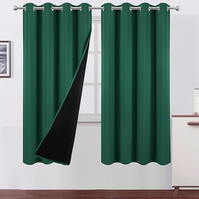 LEMOMO 100% Blackout Curtains 52 x 72 Inch/Green Curtains 2 Panels with Black Lining Room Darkening Thermal Insulated Bedroom Curtains
