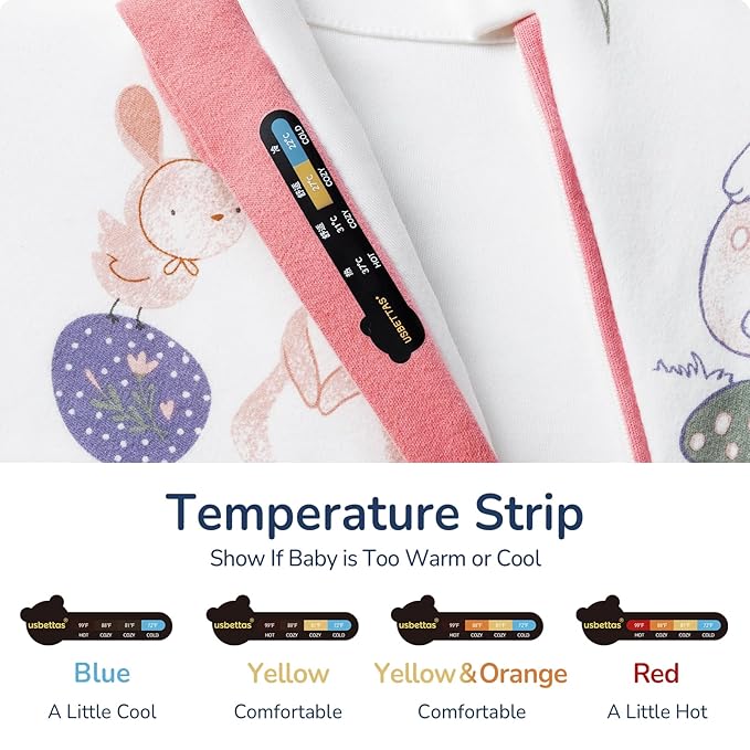 Baby Sleep Sack 3–6 Months, Cotton Sleep Sack with Detachable Long Sleeves, 1.0 TOG Wearable Blanket for Cooler Nights, 2-Way Zipper Toddler Sleeping Sack with Temperature Strip, Bunny