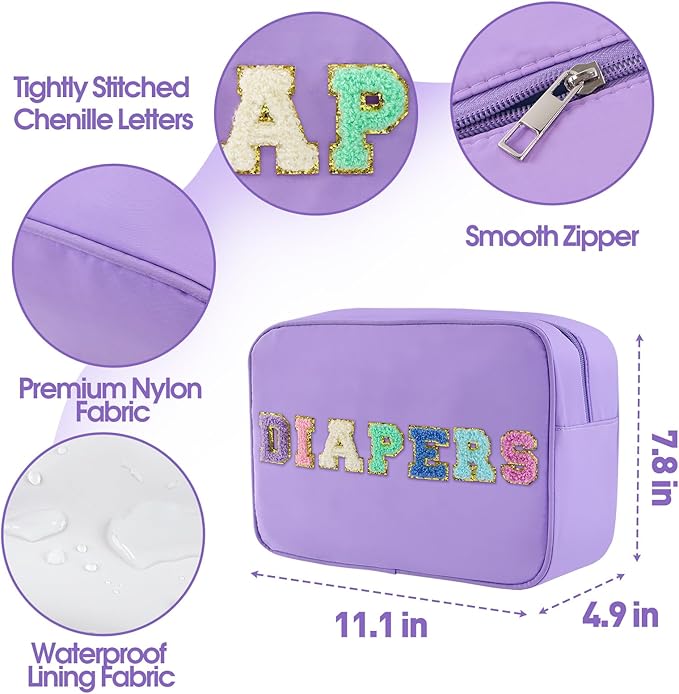Portable Small Diaper Bag, Chenille Letter Diaper Caddy Organizer Pouch Newborn Baby Essentials Must Haves for Nursery Changing Table, Purple Waterproof Diaper Pail Baby Shower Gifts for Mom To Be