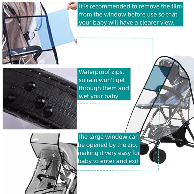 Stroller Rain Cover, Baby Stroller Rain Cover Universal Plastic Stroller Cover, Rain Cover for Stroller, Windproof and Waterproof with Waterproof Zip, Good Air Circulation, Food-Grade EVA Material