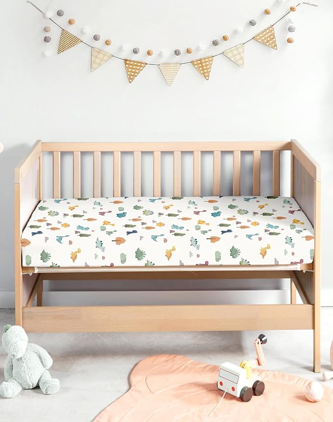Pack and Play Sheets 2 Pack, Fitted Jersey Knit Mini Crib Sheets for Baby Boys and Girls, Compatible with Graco Pack N Play and Mini Crib Mattress (Sage Dino, Pack N Play/Mini Crib Sheets)