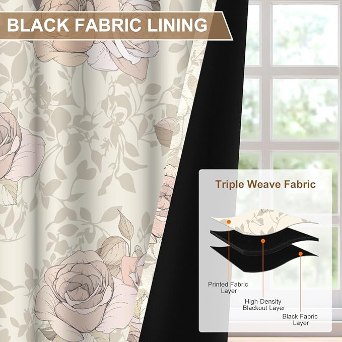 Floral Bedroom Living Room Blackout Window Curtains 84 Inch Long, Room Darkening Black Out Bedroom Curtains 2 Panel Sets, Grommet Nursery Girls Light Filtering Soundproof Insulated Curtains for Winter