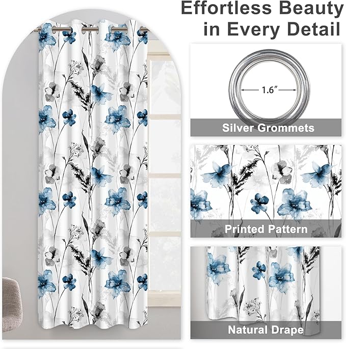 Watercolor Blue Floral Blackout Curtains for Bedroom and Living Room, Grommet Light Filtering Black Out Window Curtains 63 Inch Long 2 Panel Sets, Room Darkening Thermal Curtains for Winter Insulated