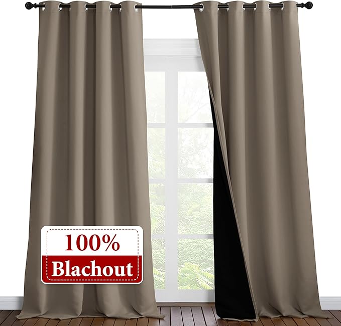 NICETOWN 100% Blackout Blinds, Laundry Room Decor Window Treatment Curtains for Large Patio Sliding Door, Thermal Insulated Taupe Curtains for Bedroom, Set of 2, 55 inches x 102 inches