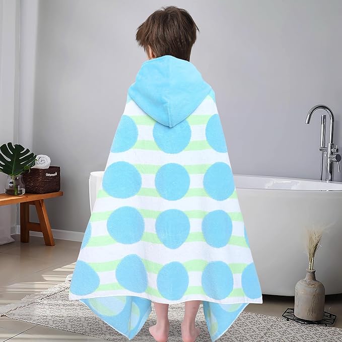 VOOVA & MOVAS Toddler Beach Towel (3-10Years), Absorbent Quick Dry Lightweight Towel Wrap with Hood for Pool | Swim | Bath, Blue Dot Strip