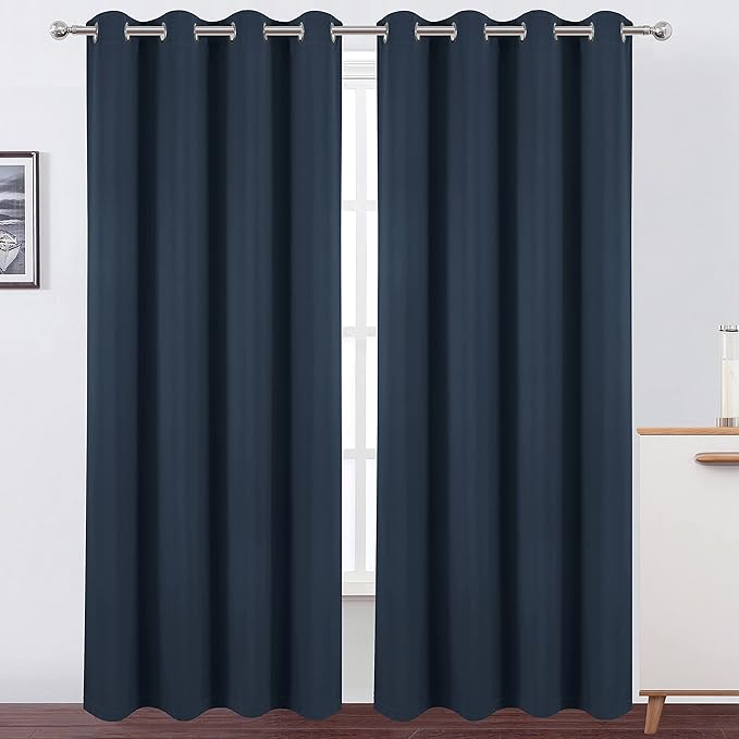 LEMOMO 100% Blackout Curtains 52 x 95 Inch/Navy Blue Curtains 2 Panels with Black Lining Room Darkening Thermal Insulated Bedroom Curtains