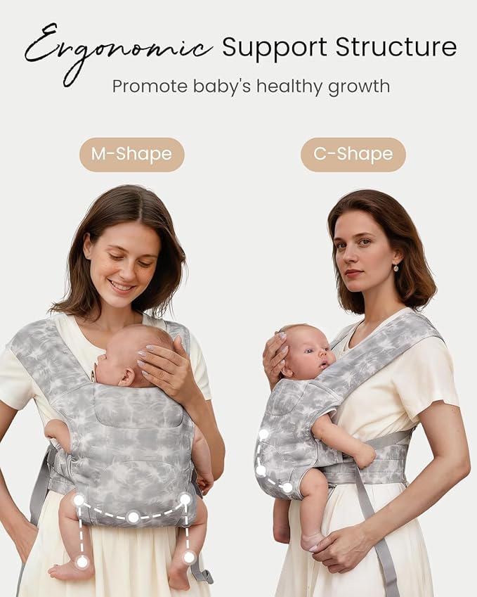 HEYVALUE Baby Carrier Newborn to Toddler(7-35lbs), Ergonomic Cross-Back Wraps with Adjustable Straps, Newborn Carrier with Effortless Put-On, Head Support for Hands-Free Comfort, TieDyeGray