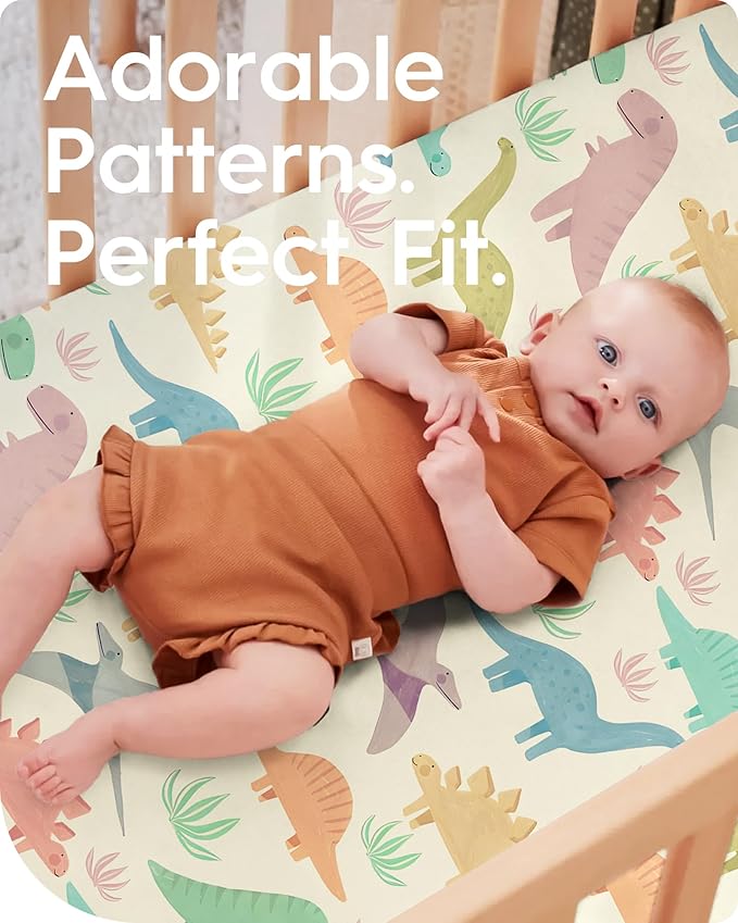 TotBasic Dinosaur Crib Sheets for Boys, Premium Soft Crib Mattress Fitted Sheet, Ultra Breathable Baby Sheets, Super Stretchy Baby Bed Sheets 28x52x9 Extra Deep Pocket, 2 Pack