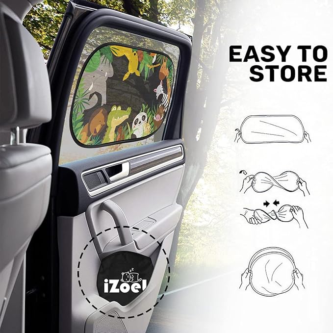 MOVINPE Car Sun Shade for Baby Kids 2 Pack Static Cling Side Window Car 80GSM Rear Sunshades Universal with 8 Suction Cups and Storage Bag - Sun Glare and UV Rays Protection (Jungle Animals)