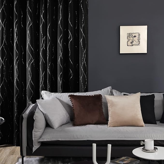 Deconovo Blackout Curtains for Bedroom, 72 Inch Length - Room Darkening Curtains, Window Grommet Curtains, Wave Line and Dots Pattern (W52 X L72, Black, Set of 2)