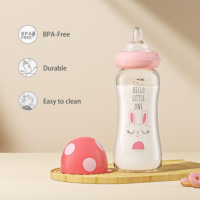 YOHKOH Natural Glass Baby Bottle with Level 2 Medium Flow Nipple, Newborn Anti-Colic Baby Bottles, Wide Neck Mushroom Baby Glass Bottle (8.8ounce (Pack of 2), Red1)