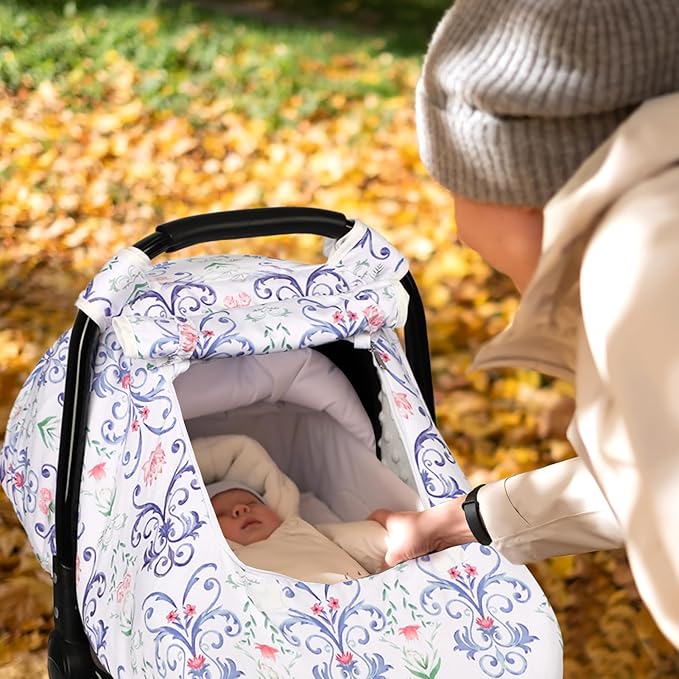 Car Seat Cover Baby, Infant Car Seat Covers Canopy for Baby Girl Boy, Cozy & Windproof Newborn Carseat Covers Minky Dot Backing Stroller Cover with Breathable Mesh Window, Blue Floral