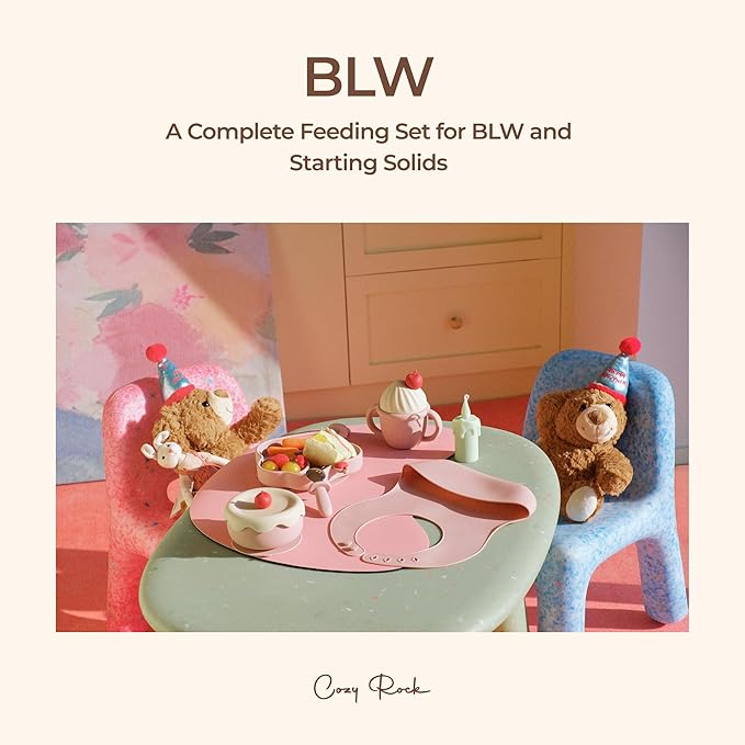 COZY ROCK Silicone Baby Feeding Set, Gelato Collection Baby Led Weaning Supplies, First Self-Feeding Set with Silicone Suction Bowl & Plate, Straw Cup & Bib, Fork & Spoon - Pink