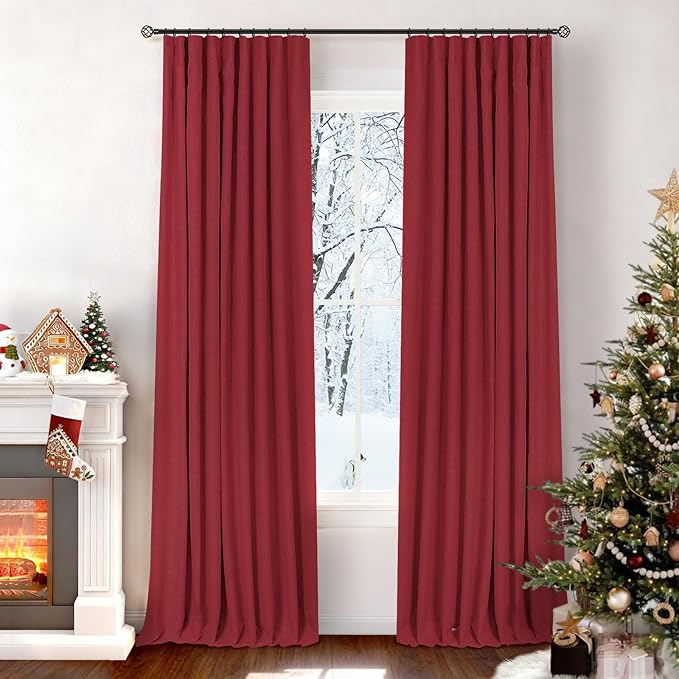 INOVADAY 100% Blackout Curtains for Bedroom, Black Out Curtains 102 Inch Long, Clip Rings Linen Blackout Drapes, Thermal Insulated Room Darkening for Living Room, 2 Panels - Ruby Red,W50xL102