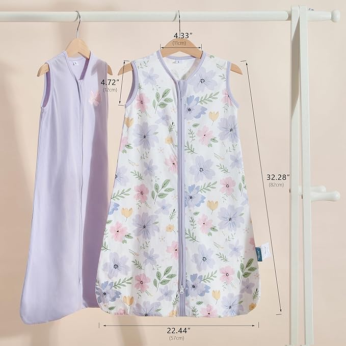 TILLYOU 2 Pack Baby Sleep Sack 12-18 Months 100% Cotton Wearable Blanket 0.5 TOG Sleeveless Summer Sleep Sacks with 2-Way Zipper, Brilliant Little Flowers and Purple