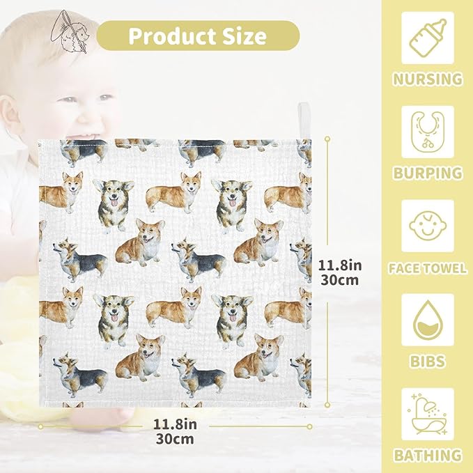 vvfelixl Baby Cotton Washcloths Realistic Corgi Infants Bath Towel for Unisex Face Towels for Newborn, Natural Baby Wipes Delicate Skin, 11.8 X 11.8 inch, one sizex3