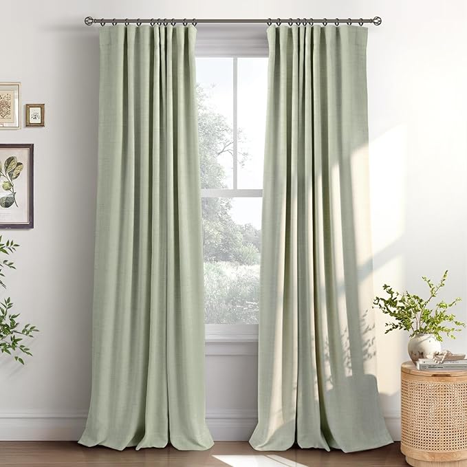 INOVADAY 100% Blackout Curtains for Bedroom, Black Out Curtains 102 Inch Long, Clip Rings Linen Blackout Drapes, Thermal Insulated Room Darkening for Living Room, 2 Panels - Sage,W50xL102