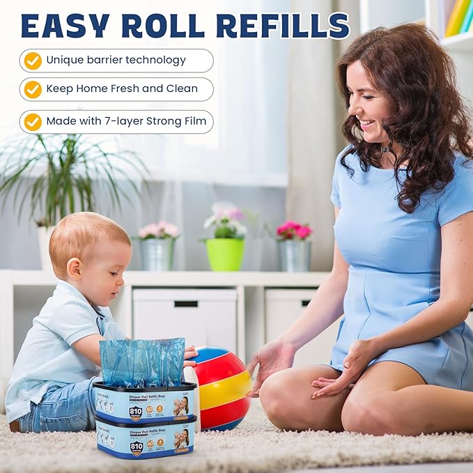 Diaper Pail Refill Bags,7-Layer Odor Prevention Technology,Thickened Design - Hold up to 810 Newborn-Sized Diaper Pail Bags- Pack of 4