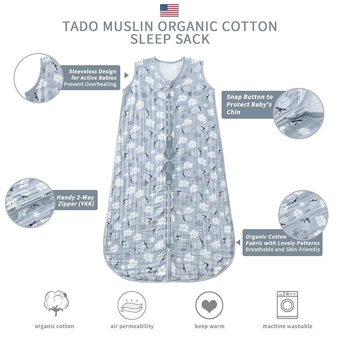 TADO MUSLIN Baby Sleep Sack 2-4 T Baby Wearable Blanket 100% Organic Cotton 0.5 TOG Toddler Sleep Sacks 2- Way Zipper Soft 4 Layers Muslin 2T 3T 4T Sheep Grey