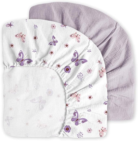 Little Grape Land Muslin Crib Sheets Fitted for Boys and Girls 2 Pack, 100% Cotton Baby Bed Sheets Soft Breathable, Neutral Fitted Baby Mattress Sheets for Standard Crib 52x28 inches, Purple Butterfly