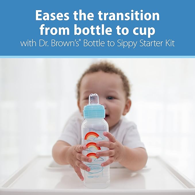 Dr. Brown's Anti-Colic Options+ Narrow Sippy Bottle Starter Kit, 8oz/250mL, with Level 3 Medium-Fast Flow Nipple and Soft 100% Silicone Sippy Spout, Blue, BPA Free, 6m+
