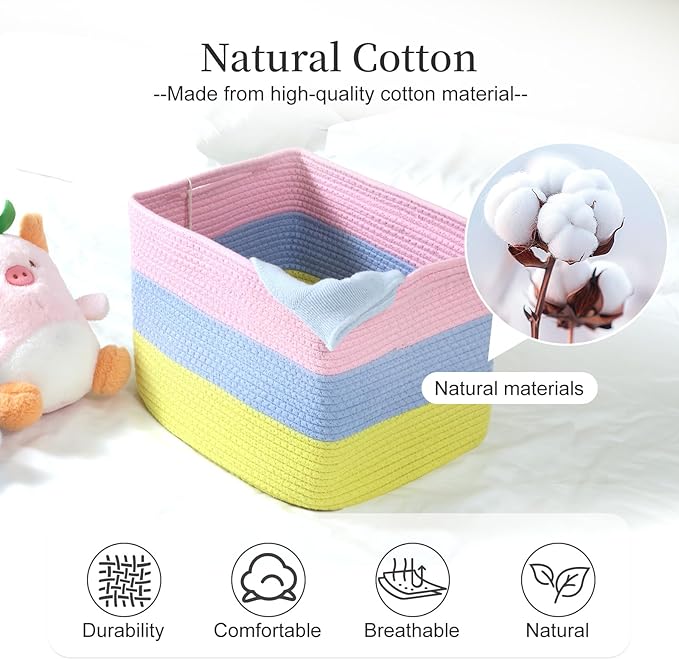 Hopegiver Rainbow Cotton Rope Storage Baskets Set of 3 for Kids Baby, Colorful Storage Bins for Toys, Woven Organizer Baskets Room Decor for Nursery & Playroom(Pink&Blue&Yellow, 15x11x10 IN)