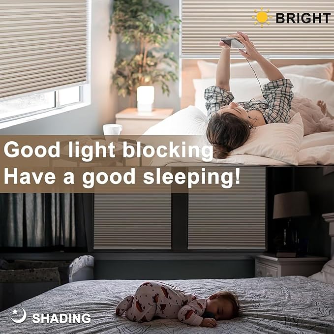 MYshade Cordless Blackout Cellular Shades, 1.5" Honeycomb Window Blinds for Bedroom & Nursery, Thermal Insulated, Noise Reducing, Privacy Shades, Inside or Outside Mount (22" W x 64" H, Beige)
