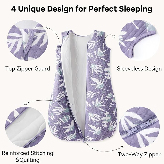 Unnivoll Baby Sleep Sack 6-12 Months 1.5 Tog Baby Wearable Blanket 100% Cotton Fabric Warm Sleeping sack with 2-Way Zipper Quilted for Infant Newborn Tog Purple Leaves