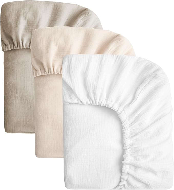 SOULFUL Muslin Crib Sheets for Boys Girls, 2 Pack Soft and Breathable Cotton Fitted Crib Sheets for Standard Crib Mattress (28"x 52", White & Beige & Light Tan)