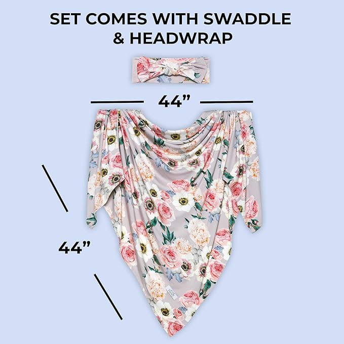 Posh Peanut Swaddle Blanket & Headband Set – Viscose from Bamboo Stretchy Baby Swaddle for Newborn Girls, Receiving Blanket or Nursing Cover